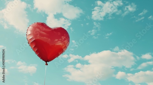 A close-up of a red heart-shaped balloon floating in the sky