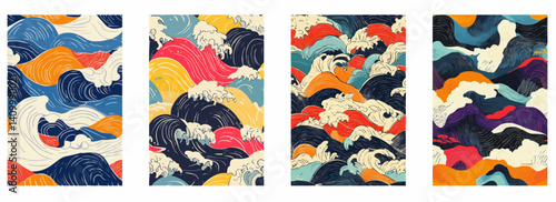 Vector pattern set of hand-drawn ukiyo-e waves in vibrant colors background