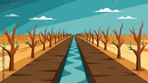 Rows of withered plants line the edges of the empty canal a stark reminder of the failed harvest.. Vector illustration