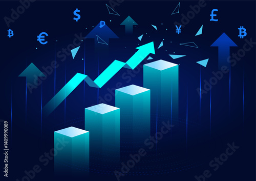 Financial stock market increase profit graph and digital line. Decentralized from defi and nft game economy gain price concept. Cyberpunk and futuristic city theme color.