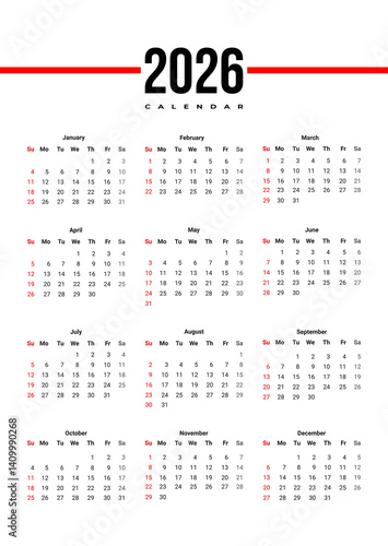 Simple calendar 2026 with week start Sunday. Vector corporate design layout for print, wall calendar, digital calendar. Suitable for A3 A4 A5 format.