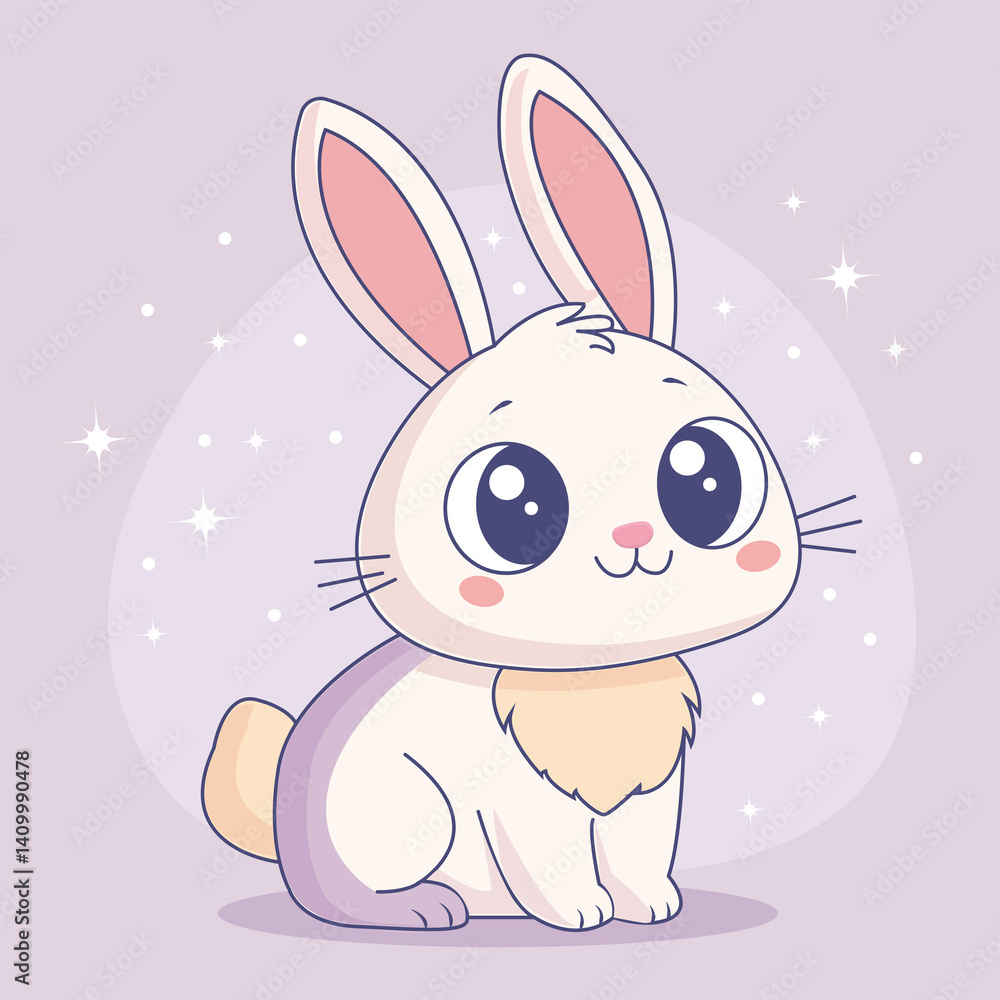 A cute cartoon bunny with big eyes, pink ears, and a fluffy tail on a light purple background, perfect for children's and festive themes. A cute cartoon bunny with big eyes, pink ears, and a fluffy tail on a light purple background, perfect for children's and festive themes.