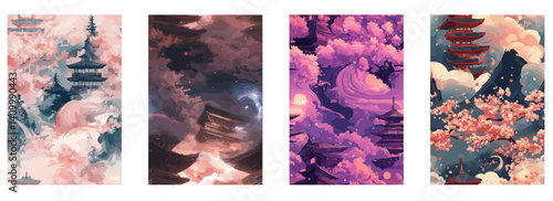 Vector pattern set of a swirling magical storm over a lost temple pink background