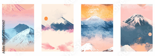 Vector pattern set of minimal brushstroke Mount Fuji against a pastel sunrise background