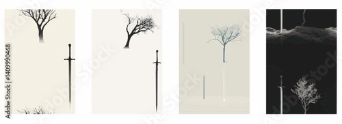 Vector pattern set of a minimal sword leaning against an invisible tree background