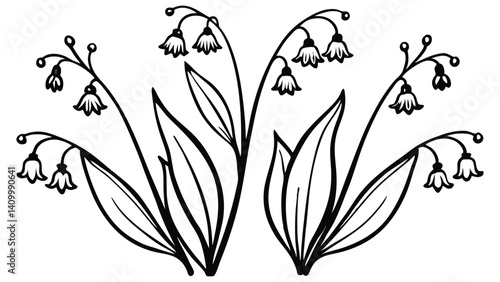 Elegant Lily of the Valley Line Art Icons for Floral Designs | Minimalist Bell Flower Illustrations in Black and White | Botanical Line Art of Lily of the Valley for Print and Digital Use
