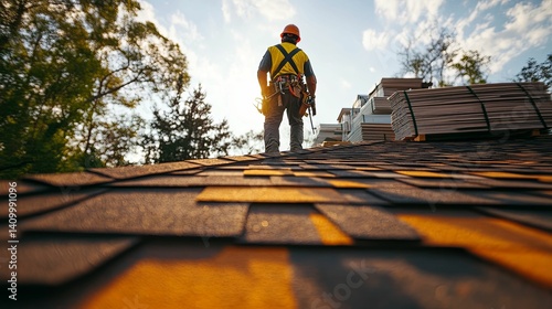 Wallpaper Mural A roofer stands on a new roof, overseeing construction materials. Torontodigital.ca