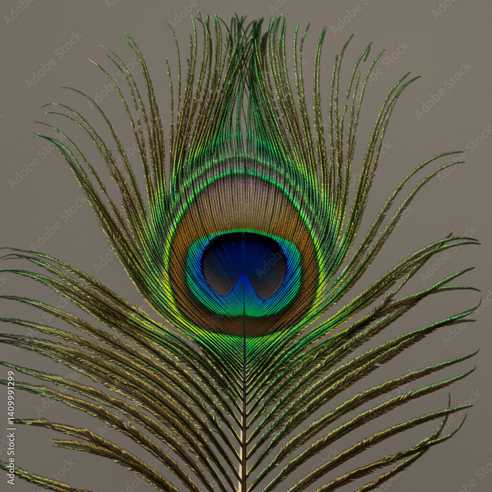 Fototapeta premium Peacock Feather Detail on Neutral Background