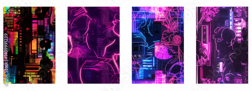 Vector pattern set of a neon geisha silhouette outlined against a Tokyo skyline background black