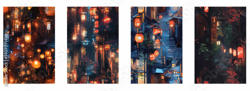 Vector pattern set of glowing lanterns in an old Kyoto alleyway with rain reflections background