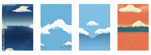 Vector pattern set of a minimalist Mount Fuji hovering above a cloud background