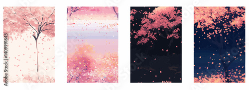Vector pattern set of a pixelated sakura tree with shimmering pastel leaves background