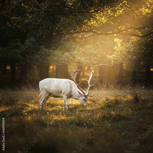 White Deer Grazing in Sunny...