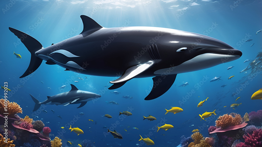 Fototapeta premium false killer whale A sleek false killer whale slices through the deep blue of the open ocean