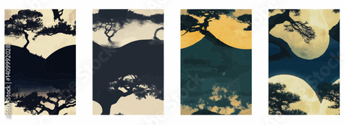 Vector pattern set of a silhouetted bonsai tree against a large full moon background