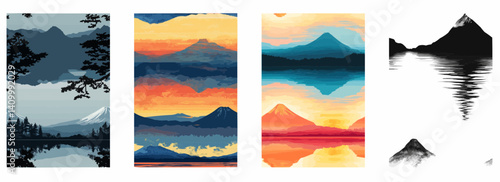 Vector pattern set of a silhouette of Mount Fuji reflected in still water background