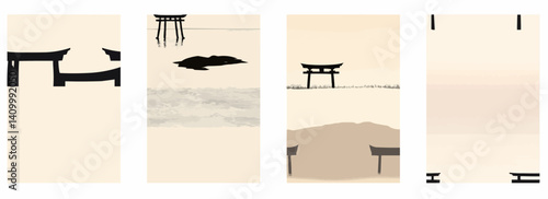 Vector pattern set of a simple black torii gate outlined against an empty beige sky background