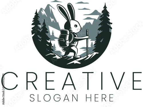 Adventurous Rabbit Hiking Mountain Scenic View cute logo icon grey dark trees woods happy 