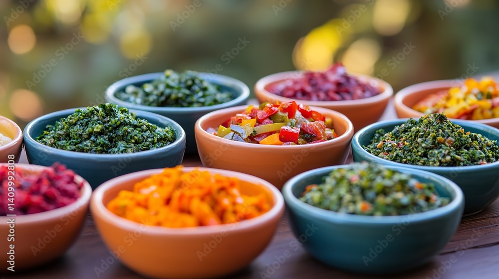 A vibrant array of colorful homemade dips and sauces, a feast for the eyes and palate, displayed in rustic terracotta bowls under soft natural light. A vibrant array of colorful homemade dips and sauces, a feast for the eyes and palate, displayed in rustic terracotta bowls under soft natural light.