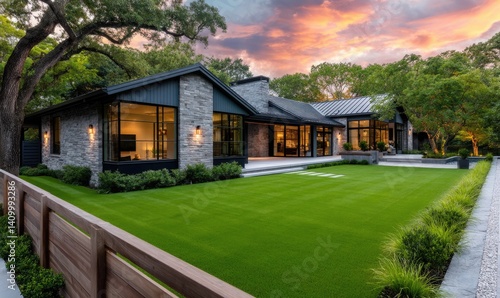 Wallpaper Mural the backyard of a modern home in Austin, Texas at sunset with beautiful colors in the sky Torontodigital.ca