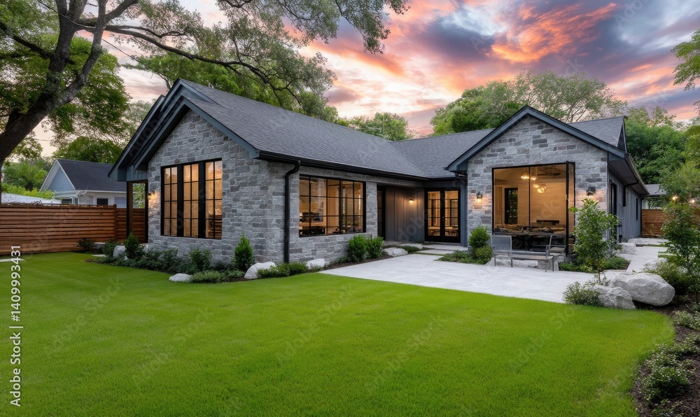 the backyard of a modern home in Austin, Texas at sunset with beautiful colors in the sky the backyard of a modern home in Austin, Texas at sunset with beautiful colors in the sky