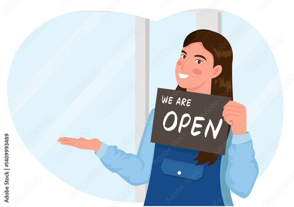 Happy female waitress holding open sign while standing at cafe or restaurant door. vector illustration
