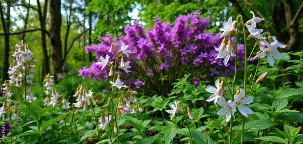 Fototapeta premium Delicate campanula blossoms nestled amongst lush green foliage and trees, flowers, campanula, summer