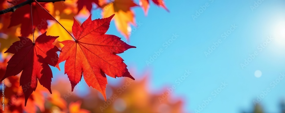 Vibrant autumn leaves in shades of red, orange, and yellow against a clear blue sky, foliage, background Vibrant autumn leaves in shades of red, orange, and yellow against a clear blue sky, foliage, background