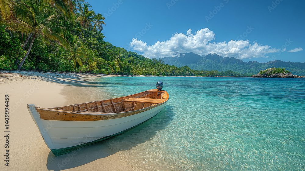 A fisherman’s boat lies anchored in the sand beneath swaying coconut trees along Anse Takamaka’s pristine beach in the Seychelles A fisherman’s boat lies anchored in the sand beneath swaying coconut trees along Anse Takamaka’s pristine beach in the Seychelles