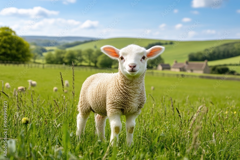 Adorable lamb in a grassy field. A young lamb stands in a vibrant green field, looking directly at the viewer Adorable lamb in a grassy field. A young lamb stands in a vibrant green field, looking directly at the viewer