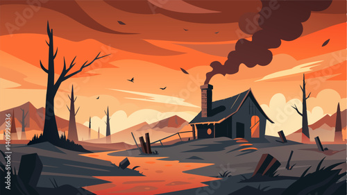 Sorrow seemed to hang in the air as I stood in the midst of the charred field remnants of what was once a flourishing farm now nothing more than a sea of ash and debris.. Vector illustration