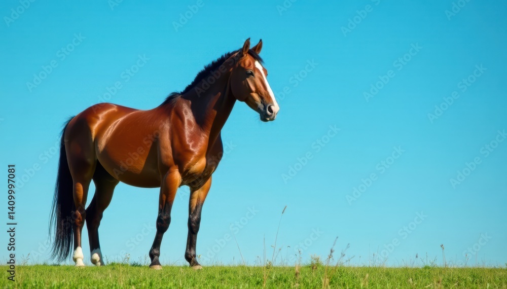 Horse standing alone against a blue sky, animals, aerial Horse standing alone against a blue sky, animals, aerial