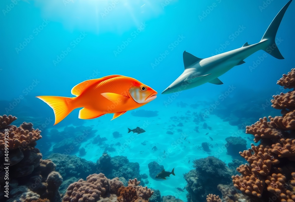 Fototapeta premium Vibrant orange fish swim near a shark over sun-drenched coral reef, colorful, wildlife