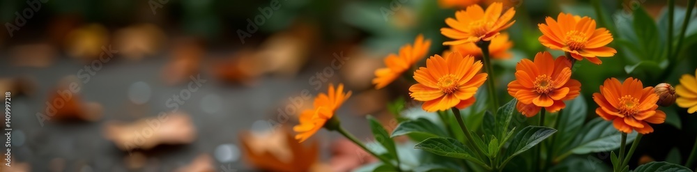 Vibrant orange flowers in a weathered flowerbed against autumn leaves, orange flowers, aged Vibrant orange flowers in a weathered flowerbed against autumn leaves, orange flowers, aged