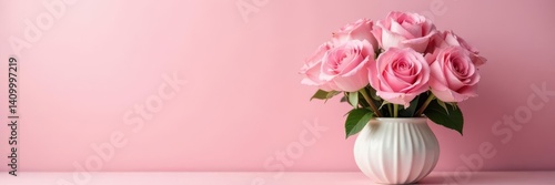 Soft pink roses in a decorative vase, subtle pink backdrop , texture, flower arrangement