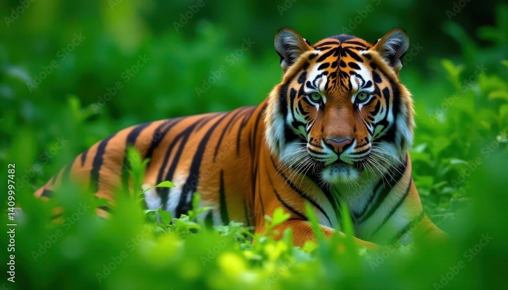 Fototapeta premium Striped Bengal tiger camouflaged by lush green foliage, big cat, Asia