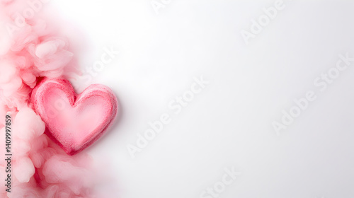 Pink heart shape surrounded by soft clouds on a white background, symbolizing love and affection, perfect for romantic themes and celebrations, love concept