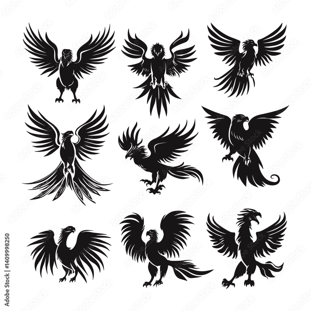 Fototapeta premium Rooster winged silhouettes in flying and landing poses