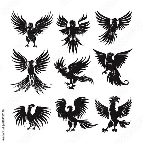 Rooster winged silhouettes in flying and landing poses