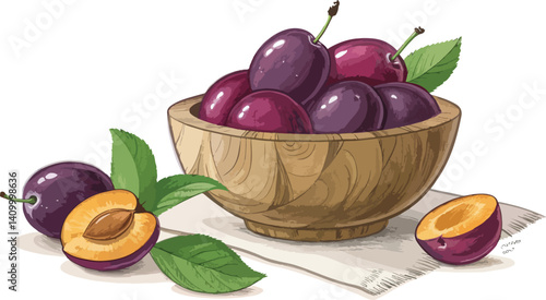 Plum Illustration vector design, Plums in bowl in white background Illustration vector design