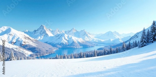 Wallpaper Mural Empty winter scene with snow-covered mountains and a bright blue sky, empty space, winter wonderland, serene atmosphere Torontodigital.ca