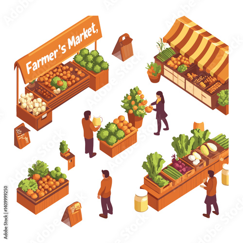 Isometric farmers market stall with people shopping vegetables