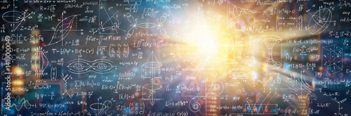 Wide abstract digital background with scientific formulas and calculations in physics and mathematics. Scientific and educational background.