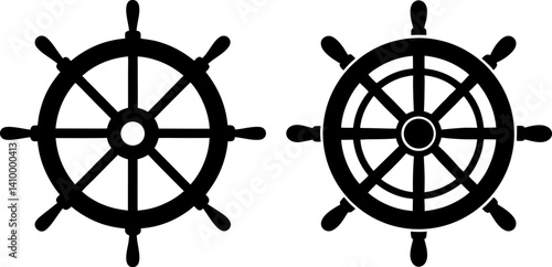 Ship steering art vectors and Set of black steering wheels icon silhouette collections