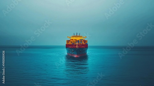 Detailed front view of cargo ship with clean blue ocean and high-contrast daylight, vivid realism.