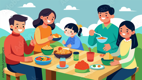 Families gather around picnic tables enjoying a shared meal of fragrant rice tender meats and flavorful sauces.. Vector illustration