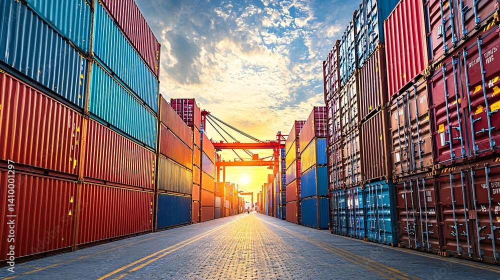 Fototapeta premium Panoramic view of a busy container yard with organized rows of red and blue cargo units, sunlit surface, port activity without.