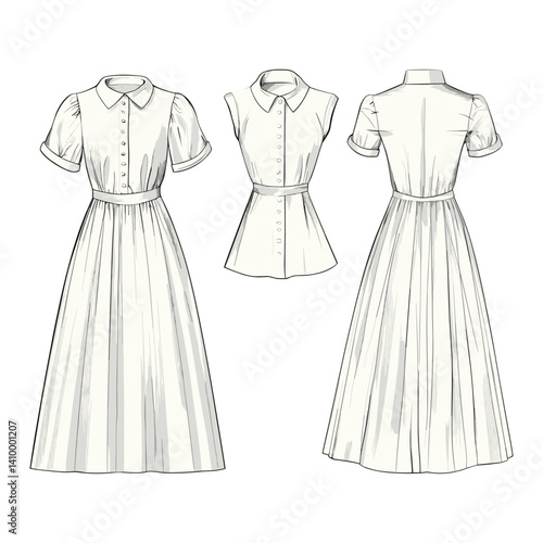 Fashion technical drawing of vintage women’s dress
