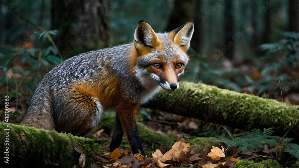 gray fox A sleek gray fox moves silently through a twilight forest, its silvery-gray coat dappled with shadows from the overhanging branches gray fox A sleek gray fox moves silently through a twilight forest, its silvery-gray coat dappled with shadows from the overhanging branches