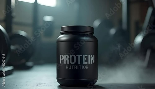 A premium whey protein container stands boldly on a smoky surface, with a dimly lit gym in the background, exuding strength and fitness motivation.
